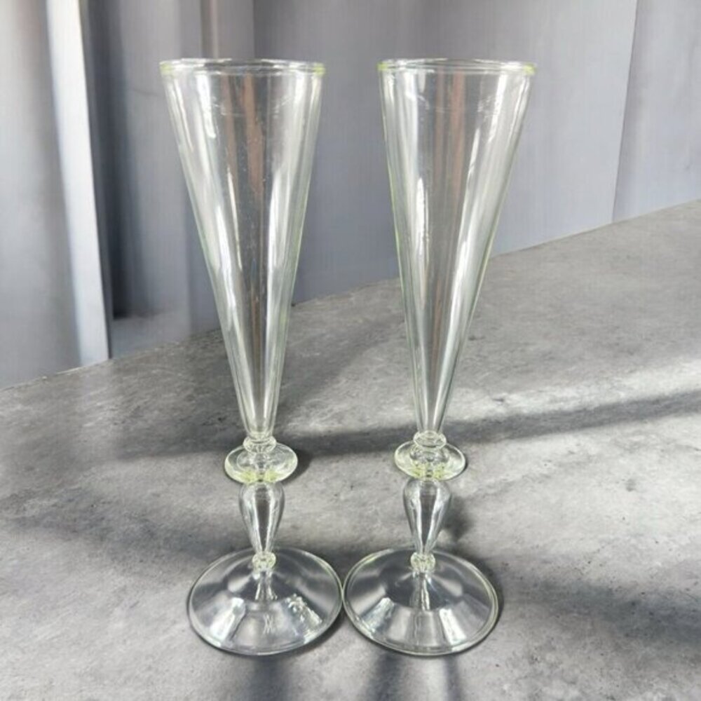 Venetian Clear Glass Champagne Flute Glasses Tall‎ Elegant Delicate Italy Set 2